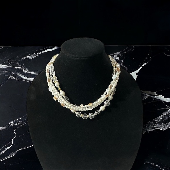 PD Premier Designs White 5 Strand Clear Glass Faux Pearl MOP Bib Necklace 17-21” - Picture 1 of 13
